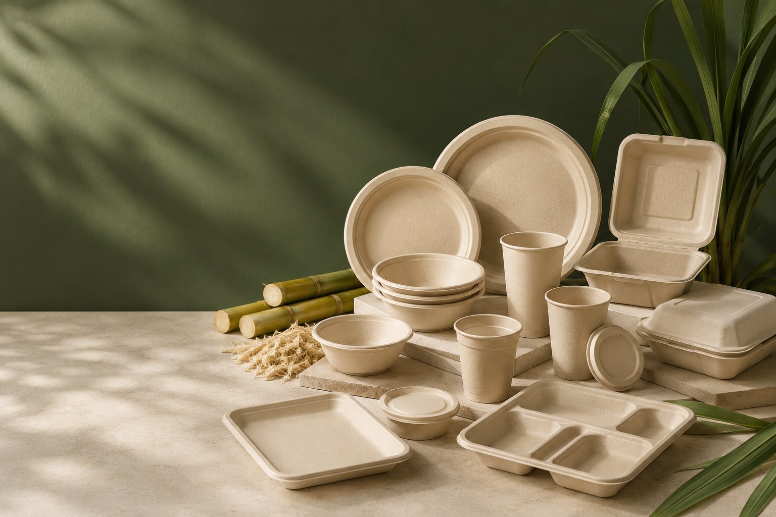 Natural-coloured bagasse plates, trays, bowls and cups beside sugarcane stalks
