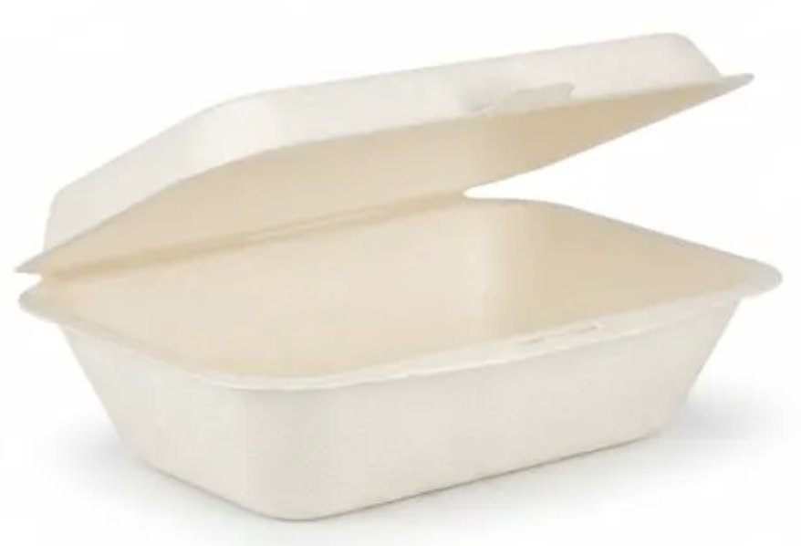 Open natural-fibre hinged takeaway clamshell