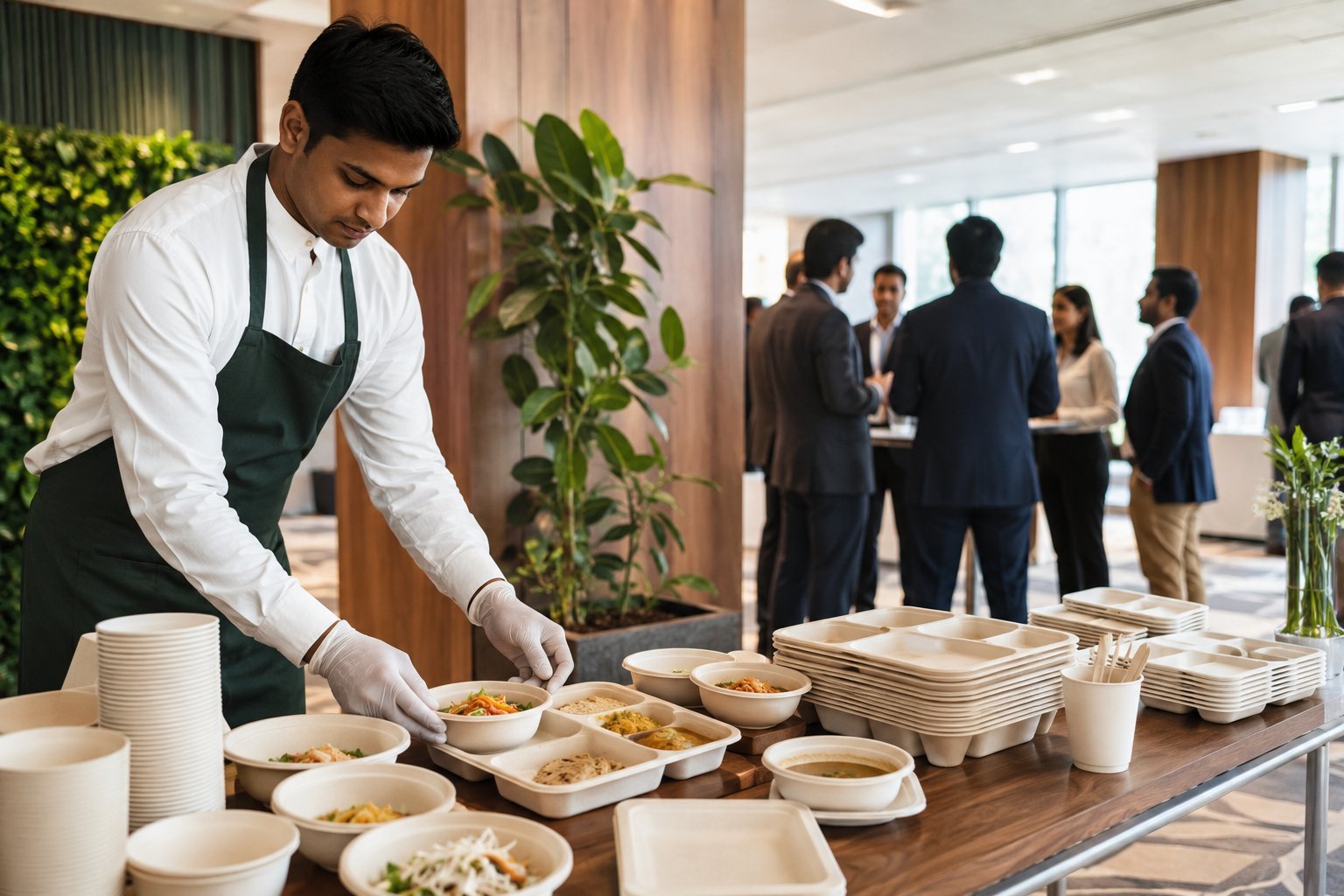 Caterer serving food at a corporate gathering